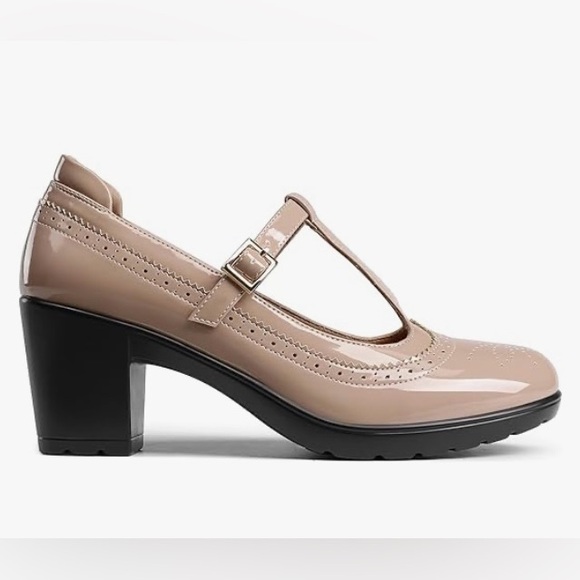 👠DREAM PAIRS👠NUDE FAUX PATENT LEATHER T-STRAP BUCKLE SZ9 CHUNKY HEEL✨NEW✨NWT💥 - Picture 5 of 13